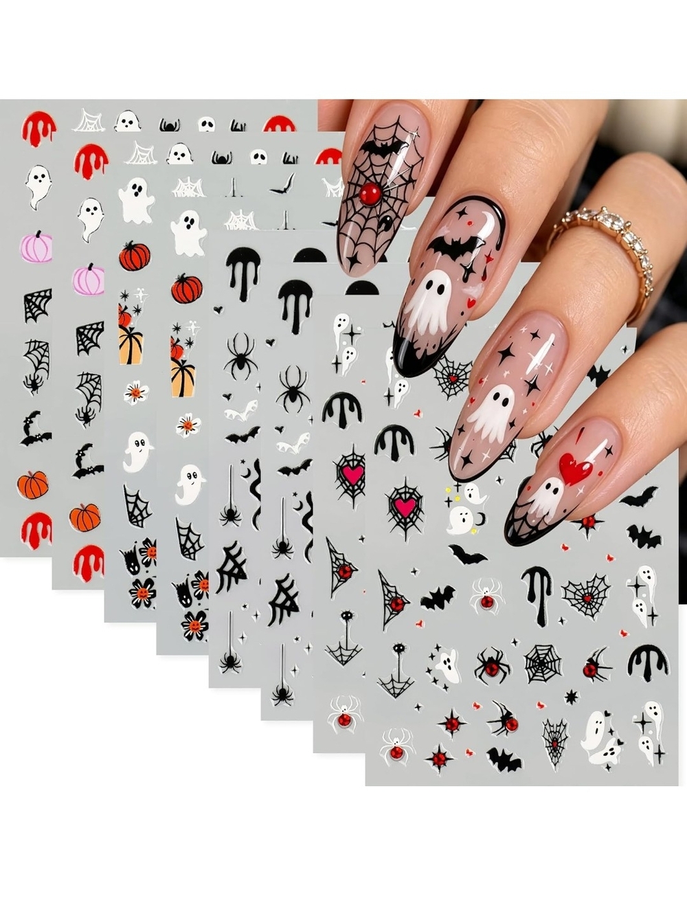 8 Sheets Halloween Nail Stickers for Nail Art Bat, Ghost, Pumpkin, Blood, Spider